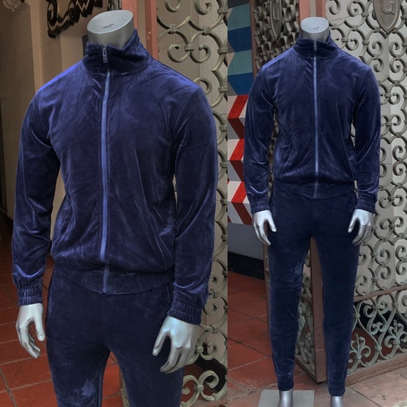 Men´s Solid Navy Velour Full Zip Fitted Outfit Set...